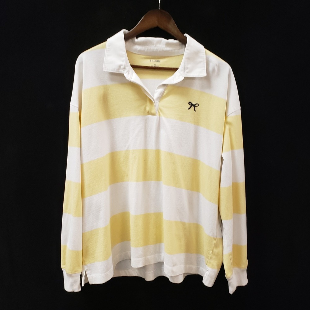 Hollister Womens Preppy Long Sleeve 1/4 Button Shirt Size XL Yellow White Collar